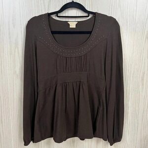 Michael Kors Women's Brown Studded Peplum Top Long Sleeve‎ Stretch Blouse Size M